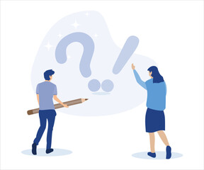 Fototapeta na wymiar People characters standing near exclamation and question marks. Woman and man ask questions and receive answers. Frequently asked questions concept.flat vector modern illustration