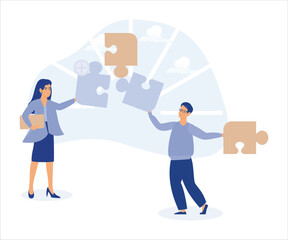 Creative characters and their business activity. People connecting puzzle pieces, generating new ideas, analyzing corporate data. flat vector modern illustration