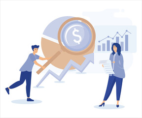 Creative characters and their business activity. People connecting puzzle pieces, generating new ideas, analyzing corporate data. flat vector modern illustration
