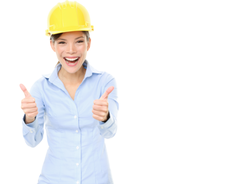 Engineer or architect woman. Portrait of cheerful female architect gesturing thumbs up isolated over white background

