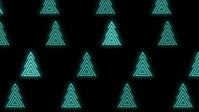 Christmas trees icons in rows with neon led on black gradient, motion abstract disco, club and party style background