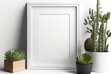 Vertical White Photo Frame Mockup with Beautiful Cactus - Generative AI