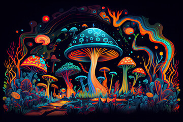 Psychedelic trippy LSD or magic mushrooms hallucinations hippie concept design - obrazy, fototapety, plakaty