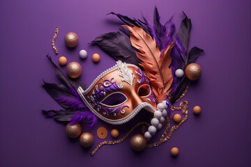 high angle of mask for carnival with beads and feathers, Generative AI