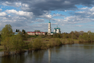 View of the Spassky Cathedral and the city of Yelabuga from the Toima River on a sunny spring day. Yelabuga, Tatarstan, Russia