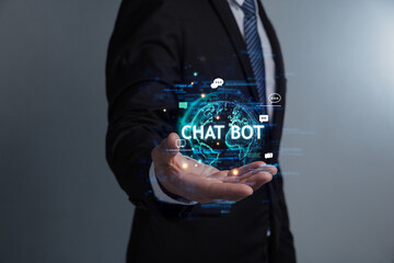 ChatGPT Chat with AI or Artificial Intelligence technology, Hand of businessman chatting with smart AI or artificial intelligence, Automate chatbot.