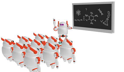 Robot artificial intelligence AI system is learning living things.in classroom robot kid ,concept technology ,3d illustration
