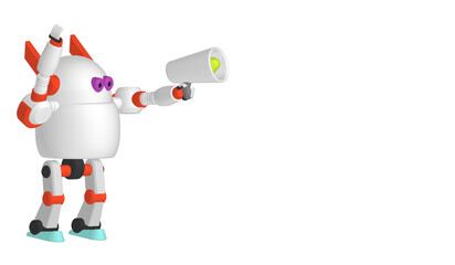 Robot with megaphone hand on, Announcing good news, such as product advertisements,on white background 3D illustration