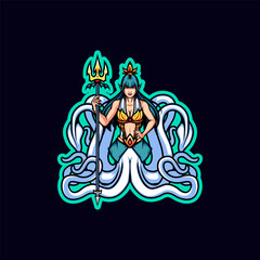 Beautiful Deep Sea Queen Goddess with Her Gold Trident Mascot