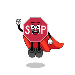stop road sign cartoon with flying superhero