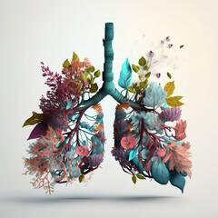 Lungs made of fresh flowers and leafs, on light pink background.. Illustration Graphic Design with Generative AI.
 