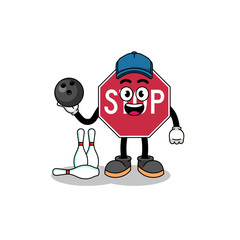 Mascot of stop road sign as a bowling player