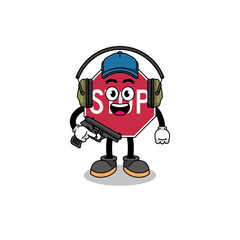 Character mascot of stop road sign doing shooting range