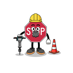Character cartoon of stop road sign working on road construction