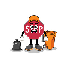 Illustration of stop road sign cartoon as a garbage collector