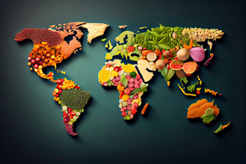 World map from different fresh fruits and vegetables