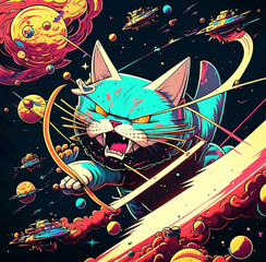 Colorful Giant Cat God in Space Attacks Fleet of Spaceships in the Cosmos Near Planets