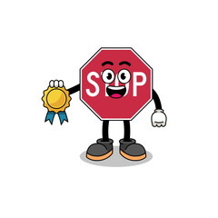 stop road sign cartoon illustration with satisfaction guaranteed medal