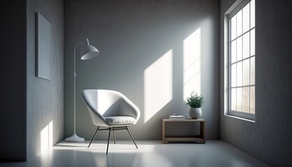 room with a window and chair, minimalist style, clean and white wall.. Generative AI