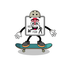 stop here for pedestrians mascot playing a skateboard