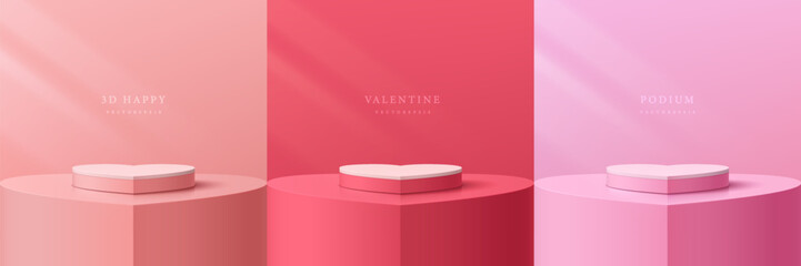 Set of 3D valentine day background with pastel pink, red and white realistic pedestal podium in heart shape. Vector geometric platform. Mockup product display. Minimal wall scene. Round stage showcase