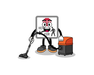 Character mascot of stop here for pedestrians holding vacuum cleaner