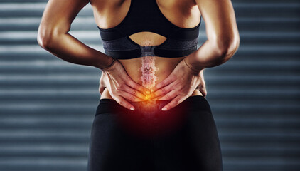 Naklejka na ściany i meble Woman with back pain, sport injury and fitness, spine x ray and anatomy with red overlay, medical problem and health. Healthcare emergency, inflammation and muscle tension with exercise in gym