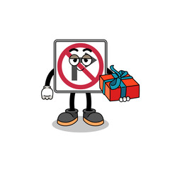 no right turn road sign mascot illustration giving a gift