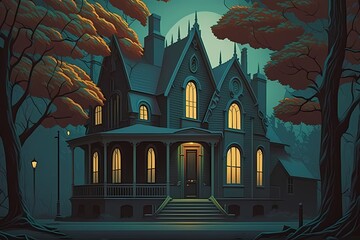 Vector Style Image of a Victorian Haunted House. [Storybook, Fantasy, Historic, Cartoon Scene. Graphic Novel, Anime, Comic, or Manga Illustration.]