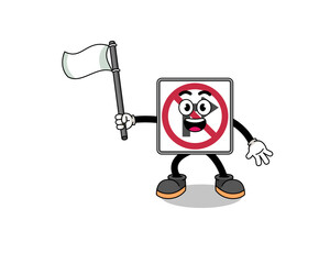 Cartoon Illustration of no right turn road sign holding a white flag