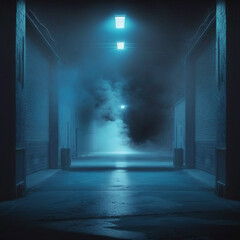 A dark empty street, dark blue background, an empty dark scene, neon light, spotlights The asphalt floor and studio room with smoke float up the interior texture. night view. Generative AI