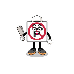 Mascot of no right turn road sign as a butcher