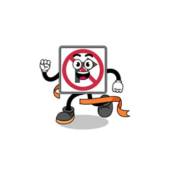 Mascot cartoon of no right turn road sign running on finish line