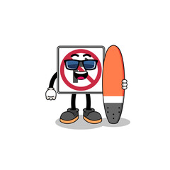 Mascot cartoon of no right turn road sign as a surfer