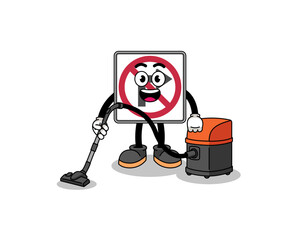 Character mascot of no right turn road sign holding vacuum cleaner