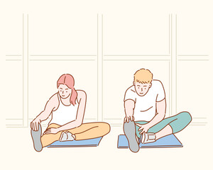 Group of people at the gym stretching. Hand drawn style vector design illustrations.