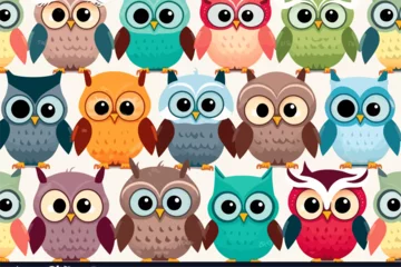 Fotobehang Cute owls birds group color seamless pattern © xxstudio