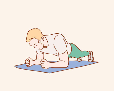 Portrait of a fitness man doing planking exercise.  Hand drawn style vector design illustrations.