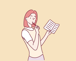 Cute woman writes some notes in notepad. Young  student girl is thoughtful with pencil in hand on yellow background. Hand drawn style vector design illustrations.
