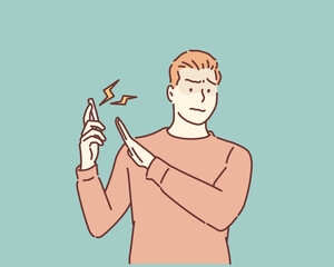 Man on the phone with headache. Upset guy talking on a phone isolated green wall background. Negative human emotion face expression feeling life reaction.Hand drawn style vector design illustration.