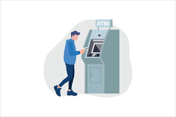 Man customer using credit card in atm machine and withdraw money. Flat style vector illustration isolated on white background
