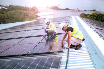 Foreman checking last step or taking care solar cell plate after installation compleat on factory...