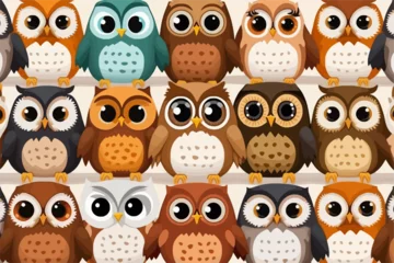 Fotobehang Cute owls birds group color seamless pattern © xxstudio