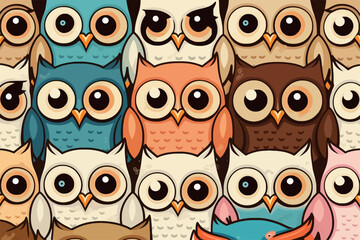 Cute owls birds group color seamless pattern