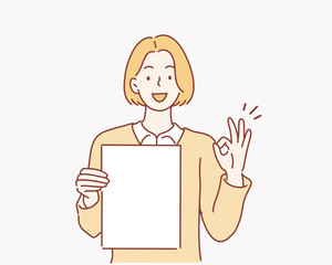business woman holding papers and showing ok sign. Hand drawn style vector design illustrations.