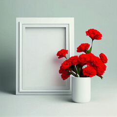 clean White Photo Frame with red flowers Generative AI
