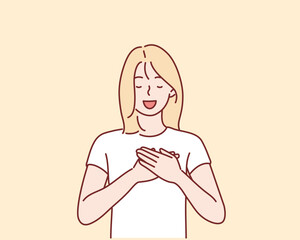 Touched positive woman with pleased expression keeps hands on chest, feels gratitude, impressed by good words of gratitude. Hand drawn style vector design illustrations.