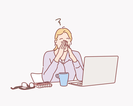Feeling tired and stressed. Frustrated young woman keeping eyes closed and massaging nose while sitting at her working place in office. Hand drawn style vector design illustrations.