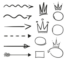 Infographic elements on isolated white background. Hand drawn simple arrows and crowns. Line art. Set of different shapes. Abstract indicators. Black and white illustration. Doodles for artwork