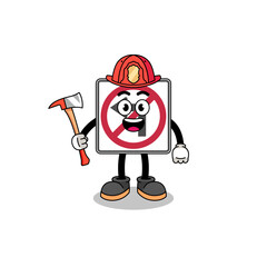 Cartoon mascot of no left turn road sign firefighter